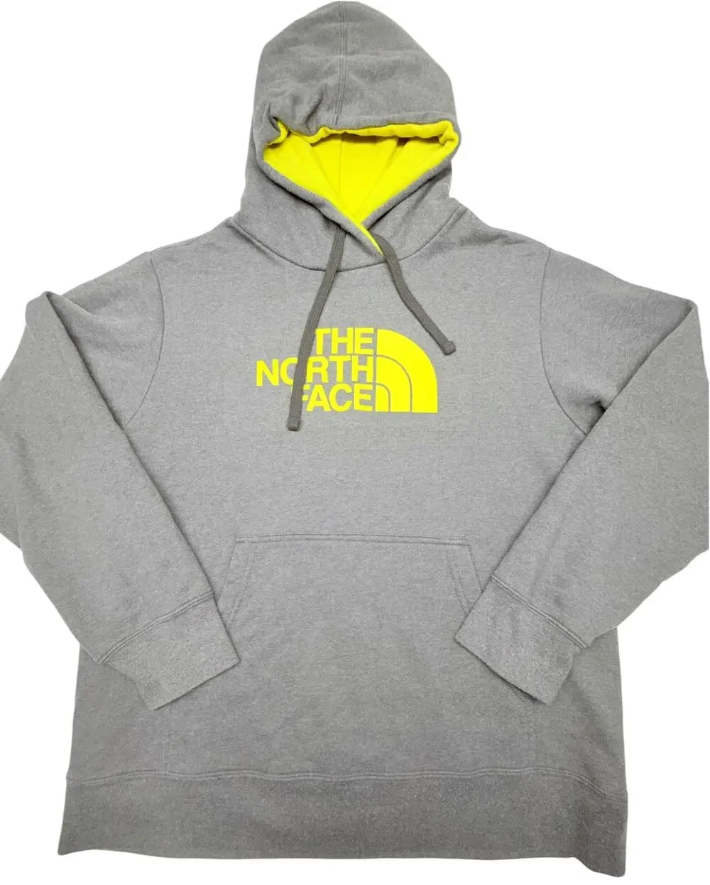 The North Face Men’s Large Gray Hoodie Neon Yellow Logo Pullover Sweatshirt